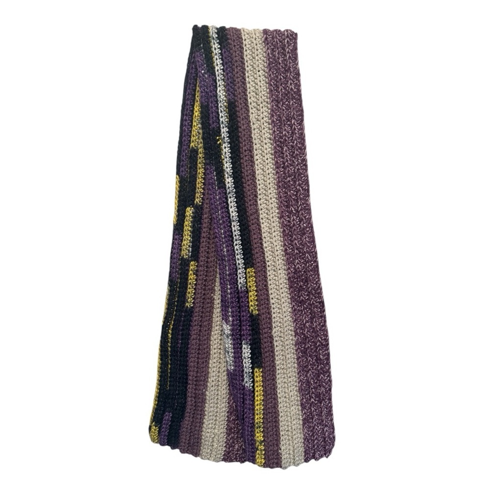Hand Knit Purple And Cream With Yellow Accent Striped Scarf